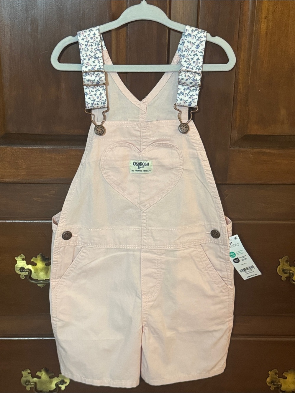 OshKosh B'gosh Pale Pink Heart Short Overalls with Floral Straps